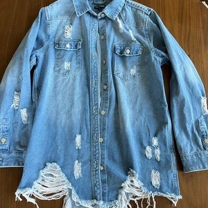Distressed Long Sleeve Denim Shirt